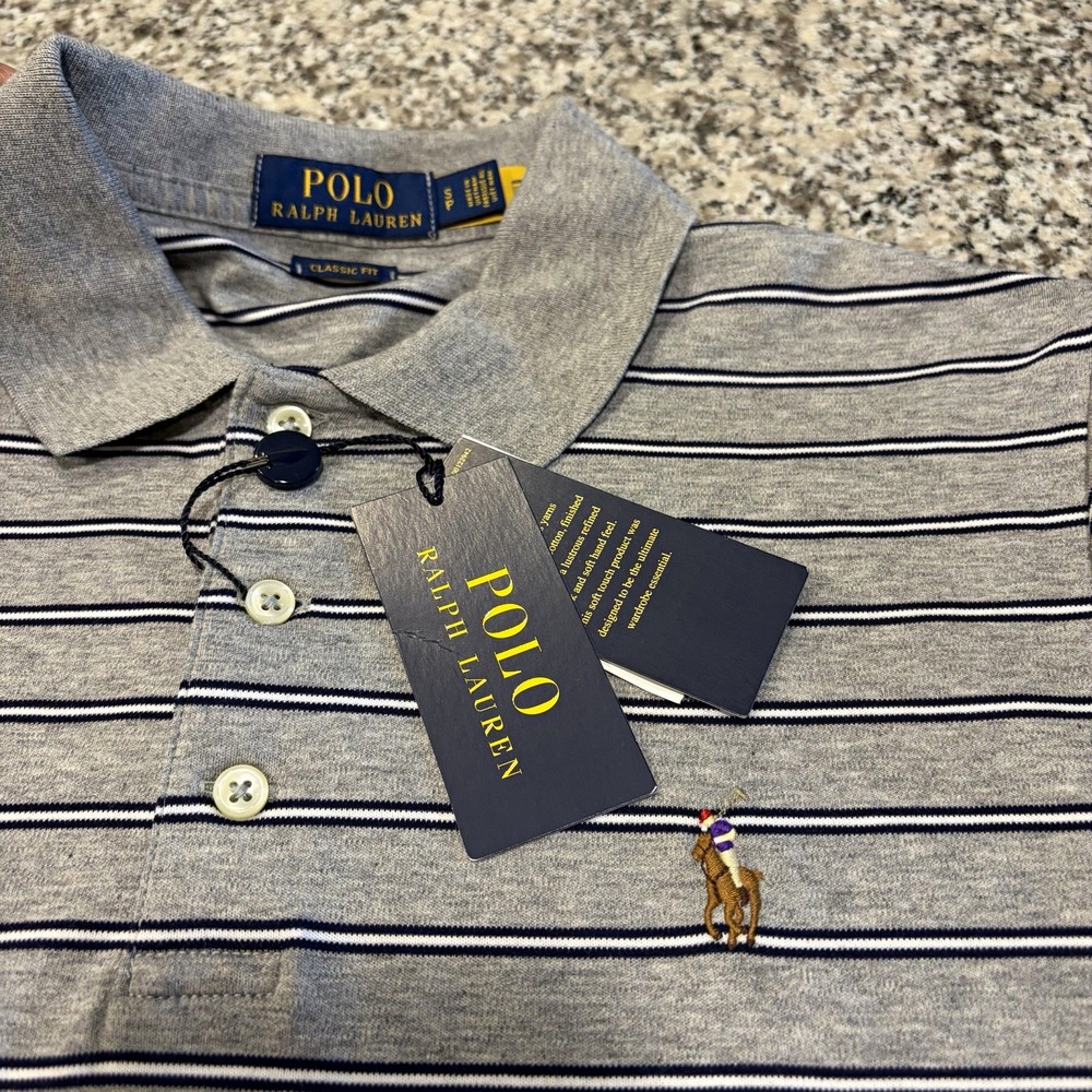 NWT Polo Ralph Lauren Mens S Gray Striped Polo Shirt Classic Fit Luxe Cotton⁠